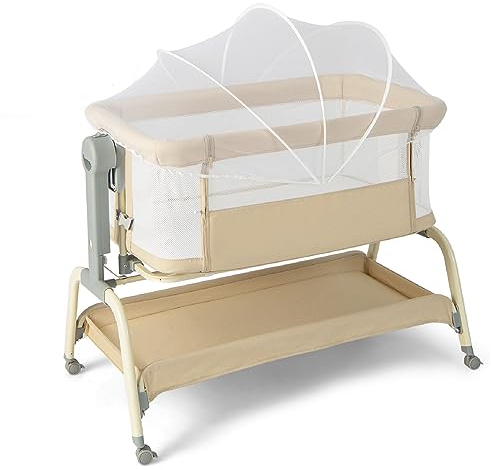 Maxmass 4-in-1 Baby Crib, Height Adjustable Infant Travel Cot with Detachable Net, Lockable Wheels, Storage Basket and Carrying Bag, Newborn Cradle Bed for 0-6 Months Old (Beige)