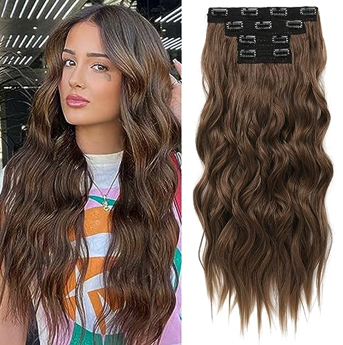 REECHO Clip in Extensions, 4PC Braun Hair Extensions Clip in Haarverlängerungen 60 cm Dicke Lange Strandwellen Haarteile Unsichtbare Spitze Natürliche weiche Haarteile - Mittelbraun