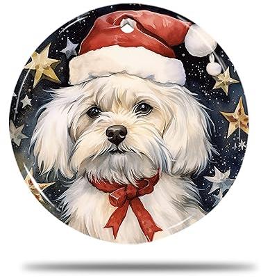 Keramik Weihnachts Ornamente, 7.3Cm Malteser Hund 3D Weihnachtsdeko Für Weihnachtsbaum Weihnachtsanhänger Dekohänger Christbaum Baumschmuck Anhänger