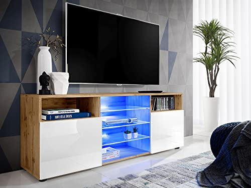 Komodee, Meuble Banc TV Urbino, Wotan Blanc, Largeur 140cm x Hauteur 53cm x Profondeur 35cm, sans LED, pour Salon, Chambre