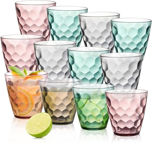 Lawei 12 Pack Plastic Water Tumblers, 300ml Unbreakable Premium Drinking Glasses, Stackable Acrylic Reusable Juice Wine Cups for Dinner, Home, Restaurants, BPA Free