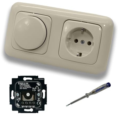 Busch Jäger 6523U-102 LED Drehdimmer Dimmer + Dimmerscheibe 2115-212 und Steckdose 20EUC-212 in DURO2000 cremeweiß glänzend inklusive EBROM Phasenprüfer zur Montage der Geräte 6523 U – 102