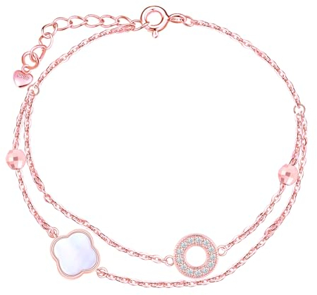 INFINIONLY Bracelets Trèfle Or Rose Elégants Femmes Filles en Argent 925 Créatif Bracelet orné Zircon Etincelant avec Double Chaîne d'Ancre Réglable Bijoux Fantaisie