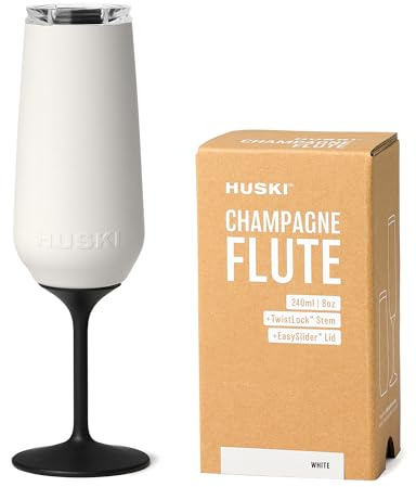 Huski Champagne Flute | New | Award-Winning Design with Detachable Stem | Premium Stainless Steel Champagne Glass with Lid | Triple Insulated Tumbler | 240ml Capacity | Great Gift (White)