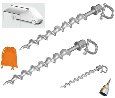 STABIELO 3 X MARKISEN BODENANKER mit einem WURMSCHRAUBEN Gewinde + EDELSTAHLSCHÄKEL+ NUSSADAPTER