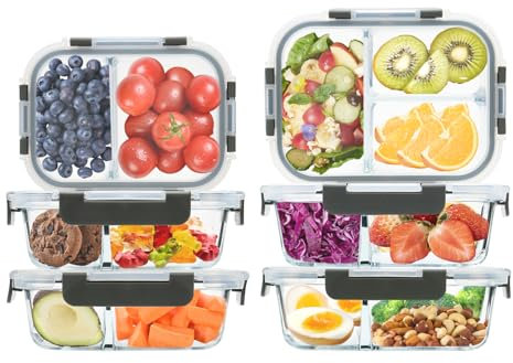Récipients en verre à 2 et 3 compartiments pour la préparation des repas – Boîtes à déjeuner en verre avec couvercles, boîte à bento en verre, contrôle des portions, passe au congélateur et au