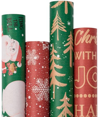 RUSPEPA 4 Rollen Weihnachts-Geschenkpapier aus Kraftpapier – Weihnachtsmann, Schneeflocke, Weihnachtsbaum und Textdesign – 76 cm x 3 m pro Rolle