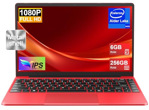 PC Portatile Computer Portatile Win11 Notebook 14 Pollici 6GB 256GB SSD Expansion 1TB, Laptop Celeron N4020 fino a 2.8GHz, 5000mAh 5G WiFi, BT4.2 Supporto Mouse Wireless & Protezione Tastiera -Rosso