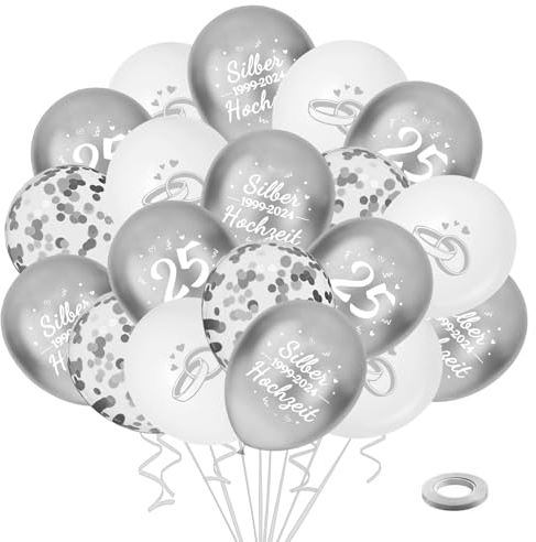 35 Stück Silberhochzeit Luftballons, 25. Silber Hochzeit Deko, Weiß Silber Jubiläum Latexballons mit Zahl 25, Konfetti Luftballons für Silber Hochzeit Deko