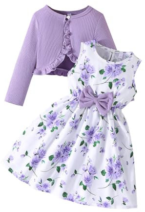 Yanmucy Vestito e Cardigan per Bambine 2 Pezzi Abitini per Abiti Floreali Toddler Bambini Manica Lunga Cappotto Volant Ragazze Vestito per 2-8 Anni (IT, età, 2 Anni, 3 Anni, Regular, Viola)