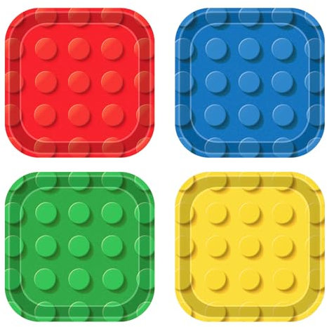 XIENBLOC 48Pcs Building Block Party Plates Building Bricks 7inch Birthday Paper Plates Birthday Party Supplies Colorful Paper Birthday Dessert Plates for Kids