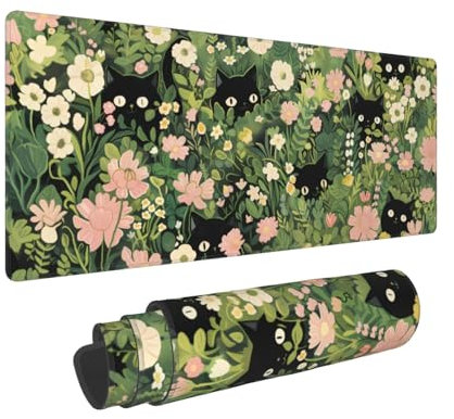 Mauspad mit niedlichem Katzen-Blumenmuster, Größe XL, 80 x 30 cm, Rosa / Grün, Kawaii, ästhetische Kunst, Blume, erweitertes großes Gaming-Mauspad, Tastatur, Schreibtischmatte, rutschfeste
