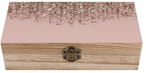 Cmagnifico Scatola quadrata in legno, rosa cipria, oro rosa glitterato, scatola decorativa in legno per oggetti da collezione