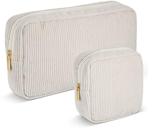 Huiguli 2 Pièces Trousse de Toilette en Velours Côtelé, Trousse de Maquillage, Trousse Cosmétique de Voyage Multifonctionnelle, Sac de Toilette pour Femmes Fille, Beige
