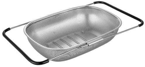 Beruyu Extendable Over The Sink Colander Strainer Basket - Stainless Steel Strainers and Colanders - Wash Vegetables and Fruits, Drain Cooked Pasta - Kitchen Essentials, Adjustable L13.4-21.3 Inch