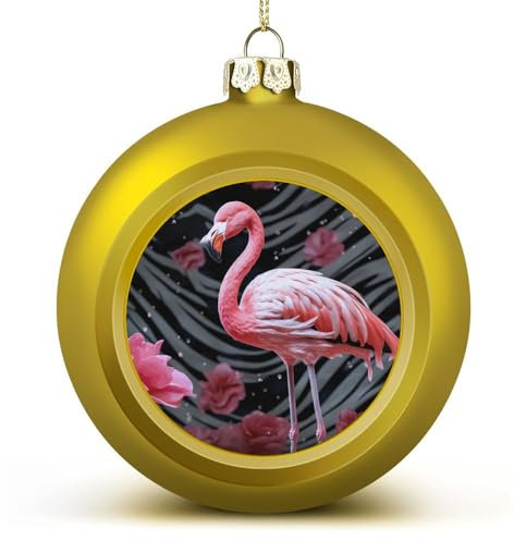 6 cm Weihnachtskugel-Ornamente, Flamingo-Druck, goldener Kunststoff, bruchsichere Weihnachtskugeln, Dekoration, hängende Weihnachtskugeln für Weihnachtsbaumschmuck, mit Schnüren