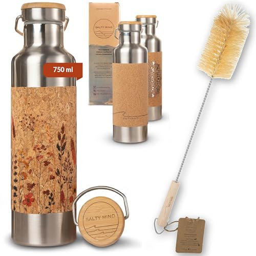 Salty Mind Edelstahl Trinkflasche 750ml + Flaschenbürste - Nachhaltige, isolierte Thermo Wasserflasche Edelstahl auslaufsicher - Iso Flasche, BPA frei - Thermotrinkflasche (Blumen-Druck)