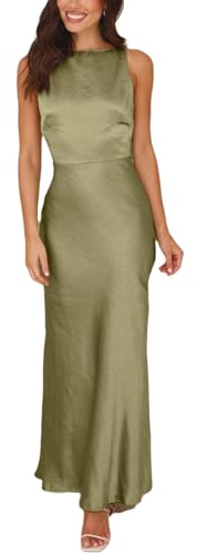 cffvdiz Frauen Satin Seide Maxi Kleid Sexy Ärmellose Spaghetti Strap Backless Hochzeit Gast Kleid