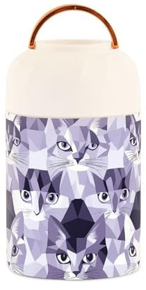Amooorous Cats Face lilla e grigio argento senza cuciture Immagine in acciaio inox sottovuoto barattoli isolati per cibo con cucchiaio per spuntino scolastico 500 ml