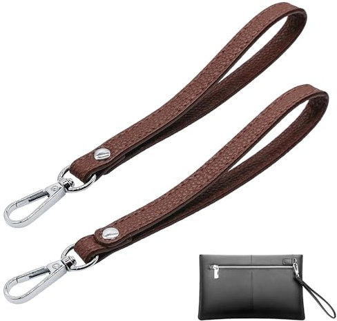JMZLLRX 2 Stück Handgelenkschlaufe aus Leder, 20cm Lang Leder Handschlaufe Ersatz für Clutch Geldbörse Schlüssel, Schlüsselanhänger Tasche DIY (Silber Braun)