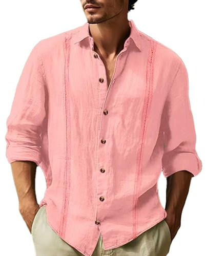 Chemises d'été en lin et coton pour homme - Décontracté - Manches longues - Léger - Solide, Rose, L