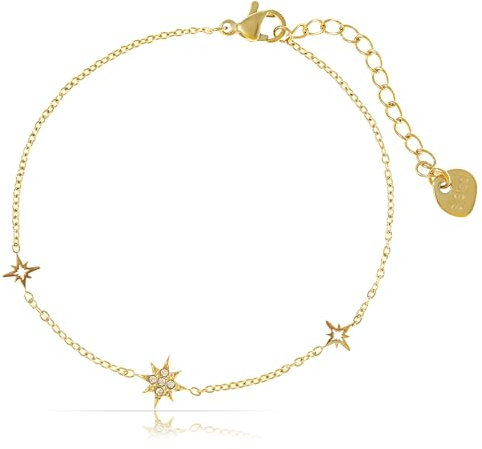 Made by Nami Filigranes Armband Damen Gold oder Silber mit Stern Anhänger Damenarmband mit Edelsteinen aus Chirurgischem Edelstahl 16 + 3 cm Hypoallergen Wasserfester Schmuck (Gold)