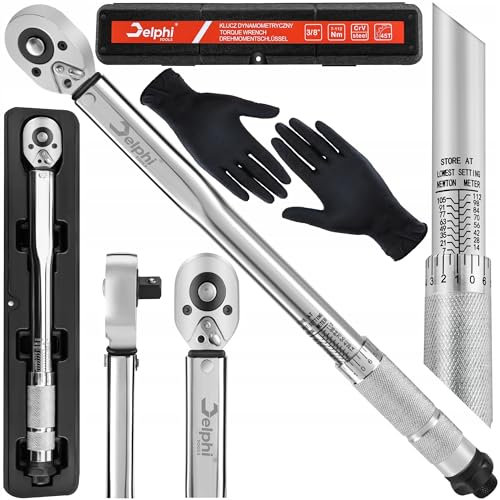Delphi Drehmomentschlüssel 3/8 Zoll 7-112Nm aus CrMo mit Sperrfunktion und Aufbewahrungsbox für Auto PKW Motorrad Fahrrad Reifenmontage