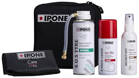 IPONE – Kit Crevaison & Entretien Moto : Bombe Anti-Crevaison, Graisse Chaîne 800 km, Nettoyant Casque + Lingette – Pochette Étanche Compacte Voyage Moto