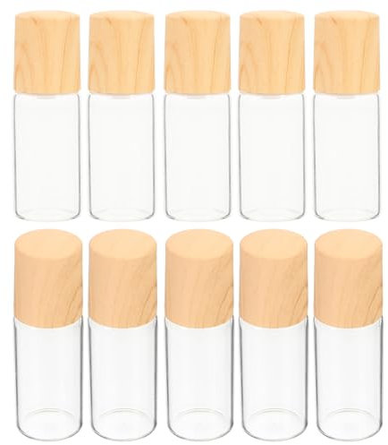 HEALEEP 10 Pièces Flacons Rechargeables Verre Avec Bille Acier Et Bouchon Effet Bois Petites Bouteilles Vidées Pour Huiles Essentielles Étanches Et Compactes Pour Voyage