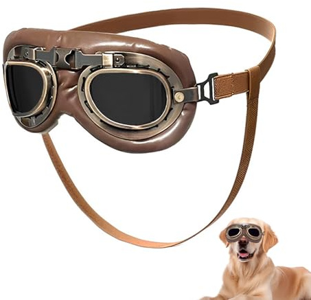 CHUANFU Retro Hundebrille, Hunde Sonnenbrille mit Einstellbar Gummiband, Brille Hund UV-Schutz Langlebig und Komfortabel, Winddicht Schutzbrille für Mittel Große Hunde zum Outdoor Aktivitäten, Braun