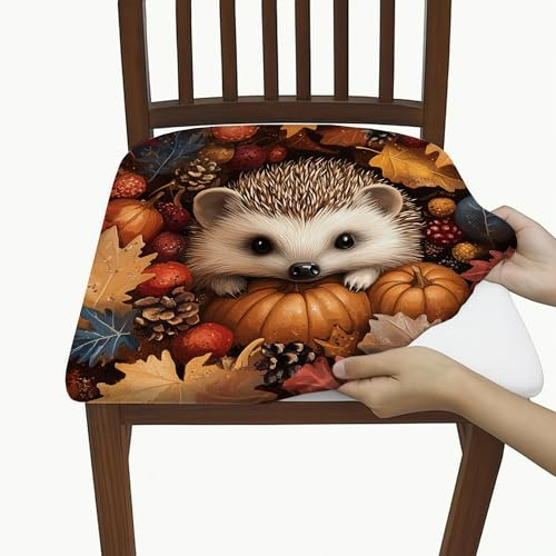 Bezaubernde Igel-Sitzbezüge, dehnbar, abnehmbar, Spandex-Kissenbezüge mit Herbstblätter-Design, gemütliche dekorative Stuhlbezüge für den Herbst, Heimdekoration, 4 Stück