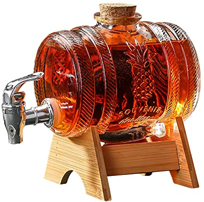 Inscrip Whisky Decanter, 2 in 1 Glass Wine Barrel Beverage Dispenser with Tap, Glass Whiskey Barrel Decanter with Stand, Cold Drinks Dispenser for Bourbon Vodka, Tequila, Whisky, Beer, Rum (3L A)