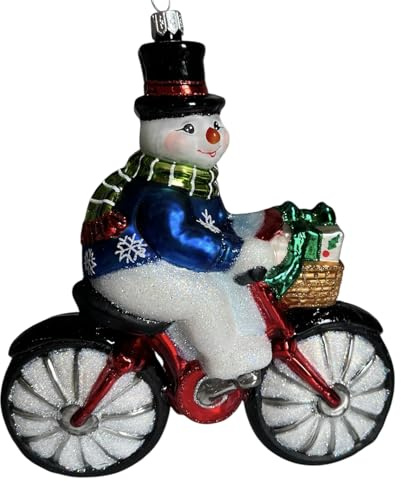 Glas Christbaumschmuck mundgeblasen handbemalt in Europa | Weihnachtsbaum Anhänger für Weihnachten | Christbaumanhänger | Weihnachtsbaumschmuck (Schneemann auf einem Fahrrad)