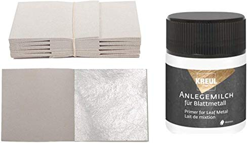 100 Blatt Echtes Blattsilber 5 cm x 5 cm Echt Silber 925 zum Versilbern & Basteln Silberblatt Silberfolie Kunsthandwerk Art Dekoration Restaurierung Möbel + 1 x KREUL Anlegemilch Kleber 50ml