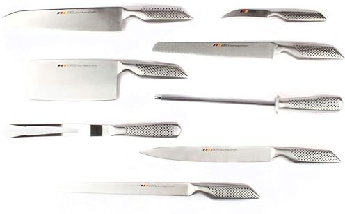 FranquiHOgar Set de cuchillos de cocina y Funda Rollo Organizador | Macheta, cocinero, fileteador, jamonero, pelador, trinchador, sierra, chaira Acero inoxidable Holstein