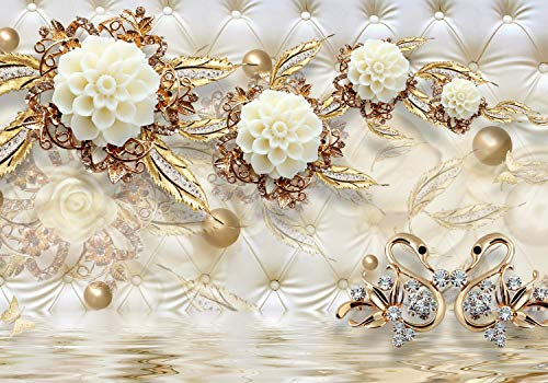 wandmotiv24 Fototapete Blumen Diamanten Luxuriös, XXL 400 x 280 cm - 8 Teile, Wanddeko, Wandbild, Wandtapete, Gold, Wasser, Polster M1815