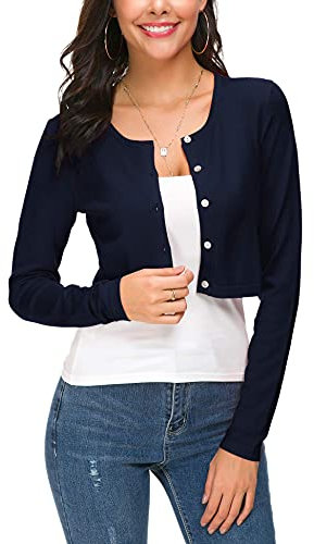 EEVASS Femmes Manches Longues Bolero Court Cardigan Collier Rond Tricot Gilets Sweaters avec Boutons (XL, Bleu Marin)