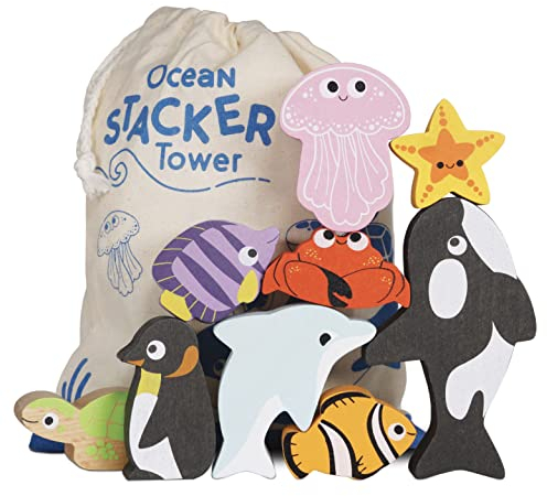 Le Toy Van - PL139 - Lernspiel Meerestiere stapeln, für Kinder ab 18 Monaten, Balance-Aktivität, 9 Tiere und Tasche, aus FSC-Holz, ökologisches Spiel, plastikfrei, Petilou