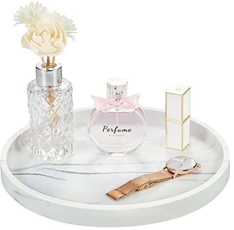 Emibele Bandeja Redondo Elegante, 27 cm Organizador Decorativo de Resina con Veta Mármol para Joyas Cosméticos Perfumes Adornos Baño Tocador Cocina Oficina, Arena Blanca