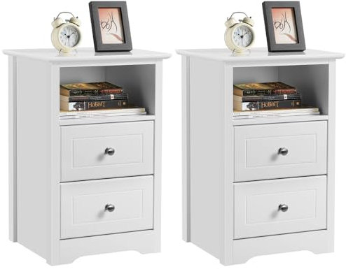 Yaheetech Mesitas de Noche con 2 Cajones 40x35x60cm Mesillas de Noche Vintage para Dormitorio Mesita de Madera Lacada para Cama Blanco