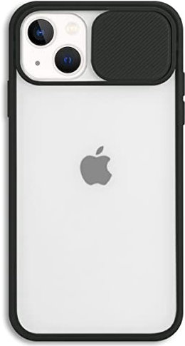 Mixroom - Cover Custodia per Apple iPhone 13 Protezione Fotocamera con finestrino Scorrevole in Silicone TPU Semi Trasparente Nero
