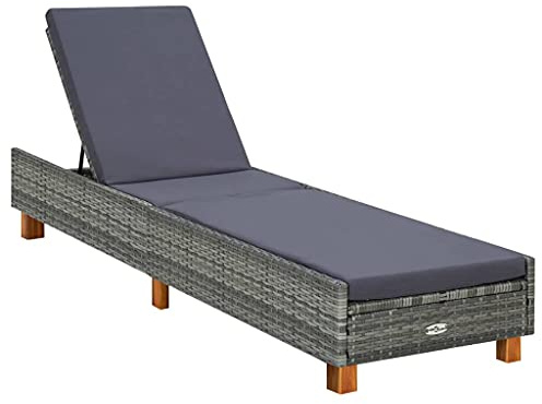 Makastle Sun Lounger with Adjustable Backrest and Wooden Legs, Portable Outdoor Lounge Chair for Patio and Porch, Poly Rattan