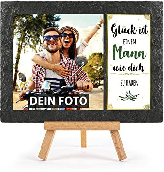 Schieferplatte selbst gestalten - mit Foto bedrucken - Glück ist einen Mann wie dich zu haben - Geschenk Valentinstag, Jahrestag, Hochzeit, Geburtstag, Schiefertafel mit Staffelei, 15 x 20 cm