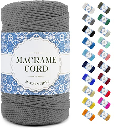 Uiopa Makramee Garn 3mm x 200m, Natürliche Baumwollgarn Baumwollkordel Farbig Baumwollschnur, Makramee-Garn Geflochten für DIY Basteln, Hängepflanze, Wandbehang, Weben Dekoration (Grau)