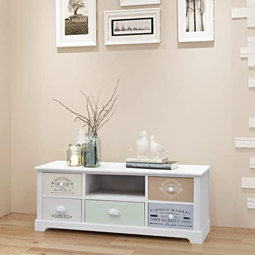 homiuse TV-Schrank Französischer Landhausstil Holz Weiß 100x35x40 cm Wohnzimmer Tv Board Fernsehtisch Fernsehschrank Tv-MöBel&PhonomöBel Tv MöBel 5 Schubladen Konsolentisch, Sideboard