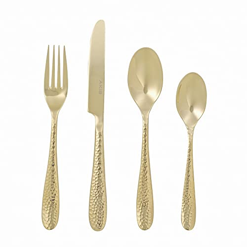 AKIS Besteck Set 4 Personen, 16 teilig Edelstahl Besteckset Gold Essbesteck Set mit Messer Gabel Löffel, Hochwertiges Edelstahlbesteck Spülmaschinenfest