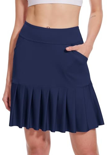 M MOTEEPI Tennisrock Damen Hosenrock Skirts Skort 19 Knielang Ruffle Saum Rock mit Hose Drunter Rock Damen Fahrradrock Golfrock Hohe Taille mit 3 Taschen Marineblau M