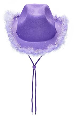 Qtinghua Cowboyhut für Damen, flauschiger Federbesatz, Halloween-Kostüm, Cowgirl-Hut für Cosplay, Kostümparty, Rollenspiel, Geburtstagsparty, lila-silberne Fusseln, Weiß, Rosa, Einheitsgröße