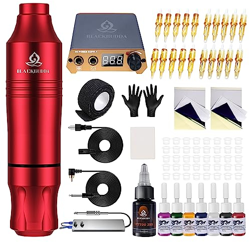 Tattoo Maschine set, Blackbudda Tattoo Pen mit Tattoo Power Supply Bunte Pigment Patrone Tattoo Maschine Kit für Anfänger Rotary Tattoo Maschine Kit Professional Complete, 20pcs Cartridge Nadeln(Rot)