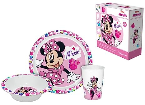 Service de table 3 pièces avec assiette, bol et tasse - Sans BPA - Réutilisable - Avec boîte cadeau (Minnie)